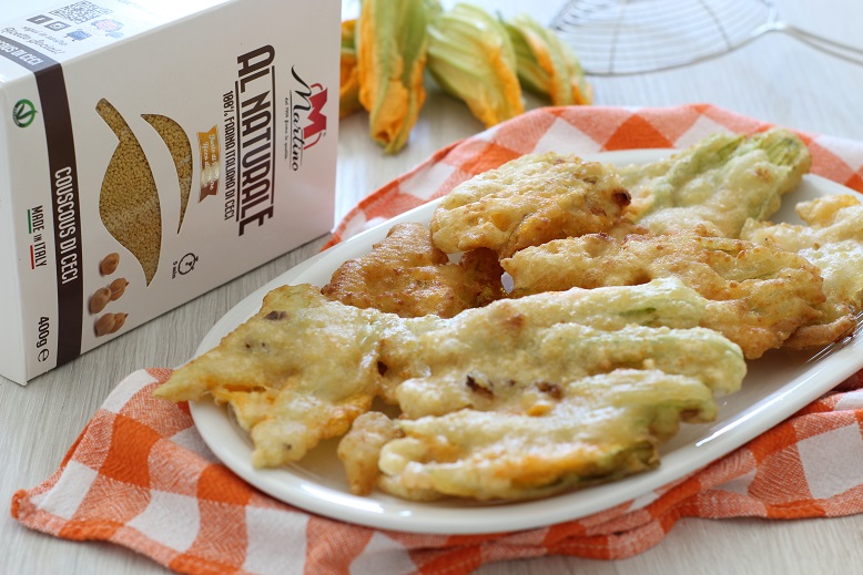 Fried zucchini flowers in batter with Martino chickpea Couscous