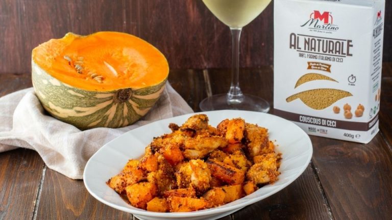 Breaded chicken with pumpkin and chickpea couscous