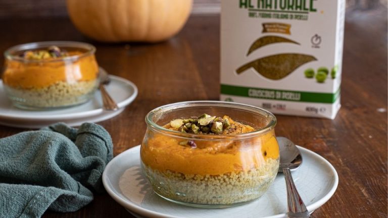 Pumpkin and pistachio cream couscous in single-serving cups