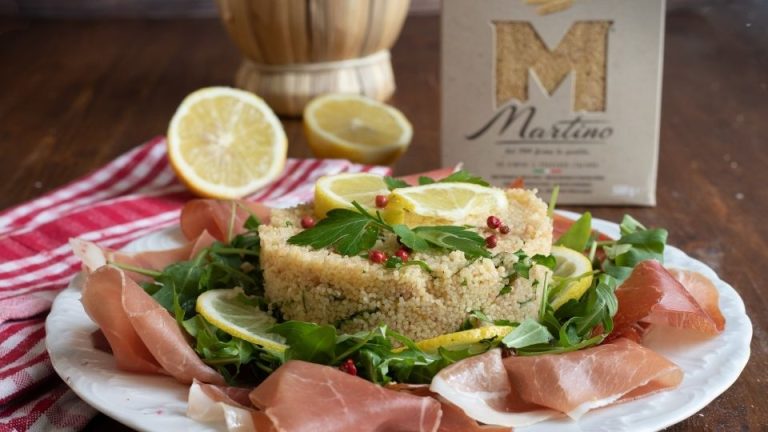 Lemon and ginger couscous with marinated prosciutto
