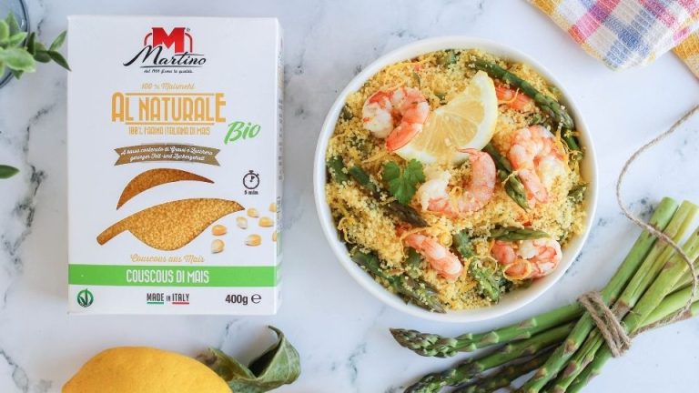 Lemon corn couscous with asparagus and shrimp