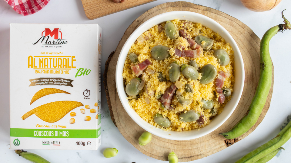 Corn couscous with fava beans and bacon