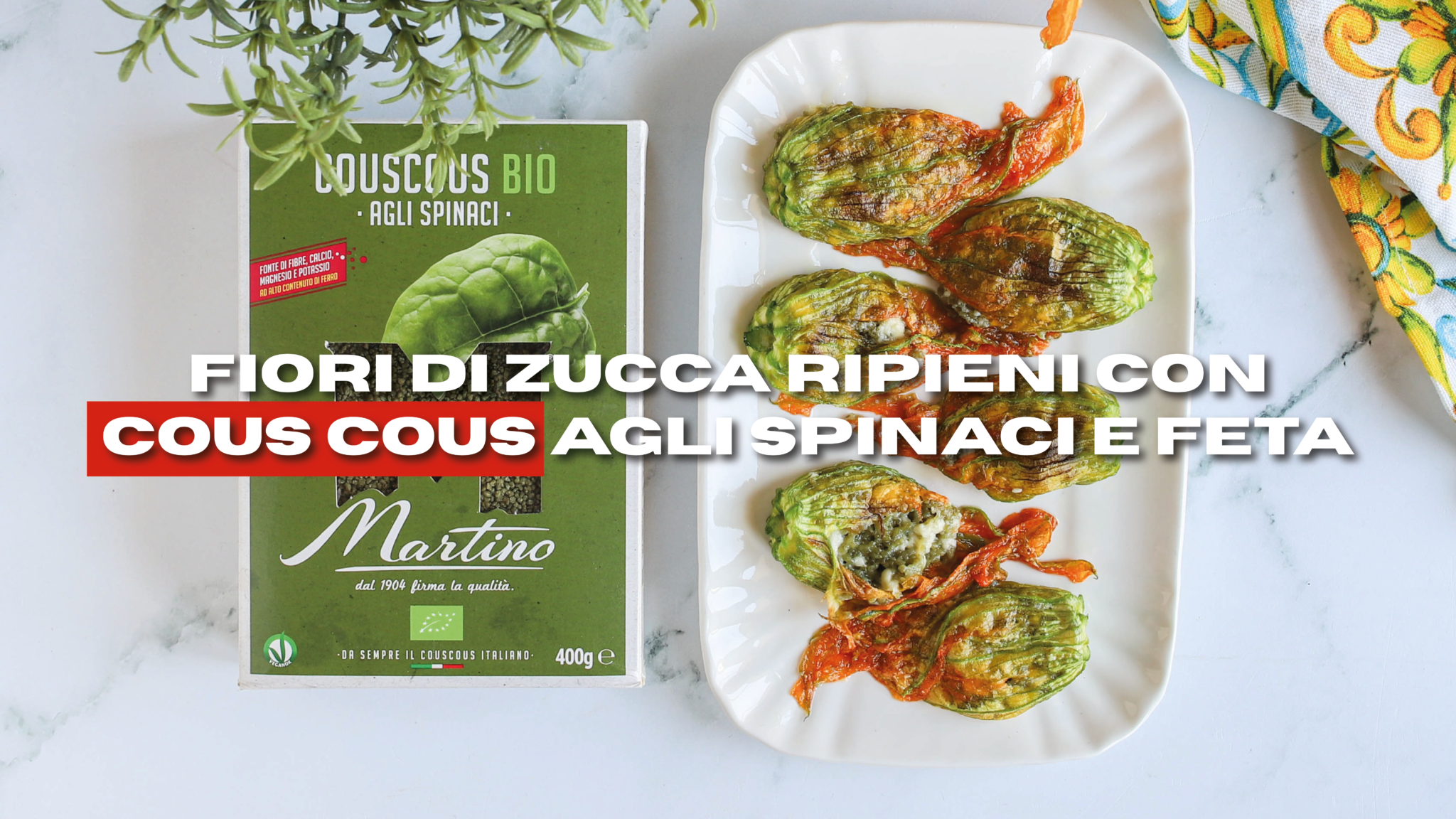 Fiori di zucca ripieni con couscous agli spinaci e feta