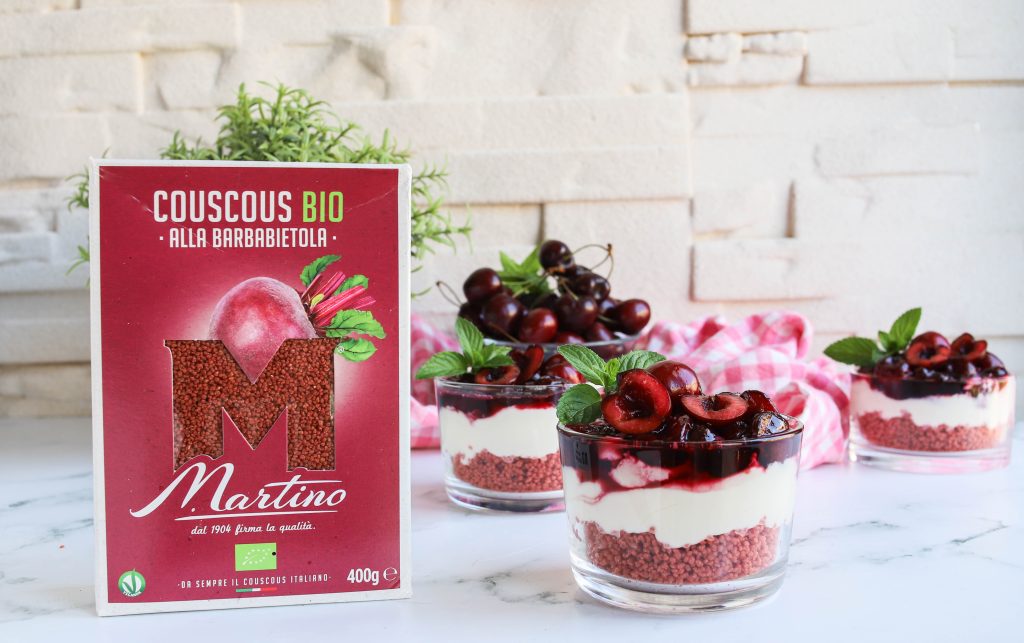Beet couscous with mascarpone and cherries