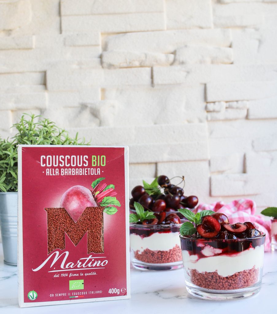 Beet couscous with mascarpone and cherries