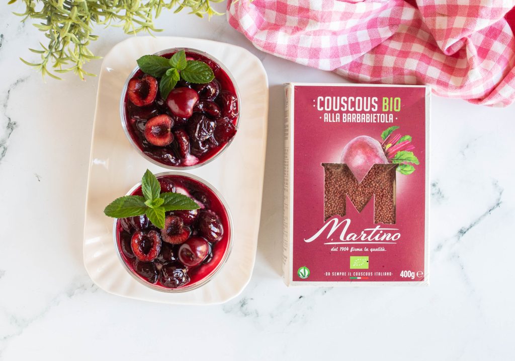 Beet couscous with mascarpone and cherries